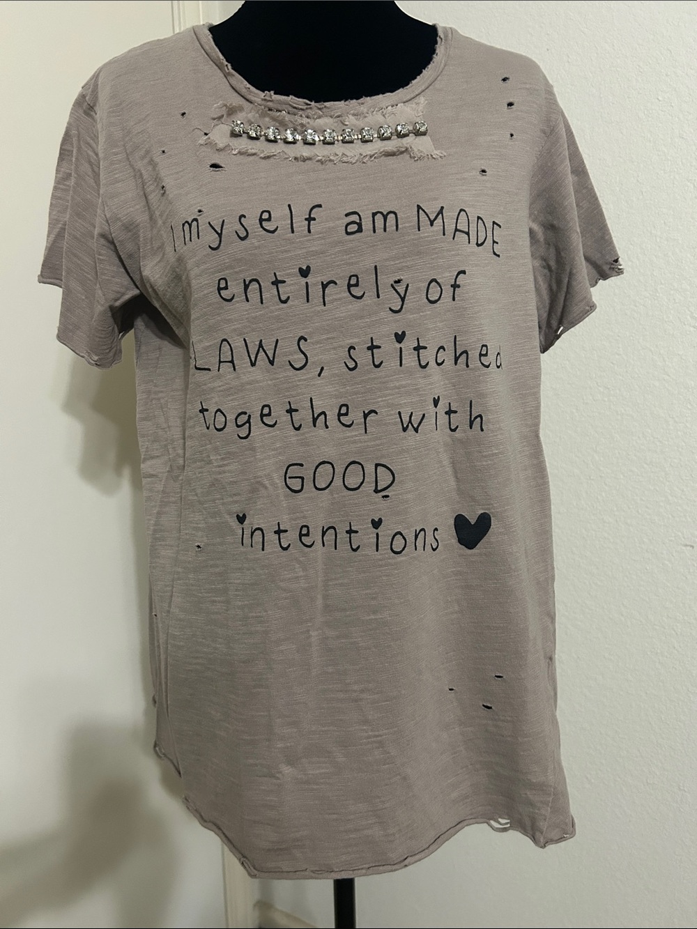 Relaxed Graphic Tunic Top in Taupe with Rhinestone Detail